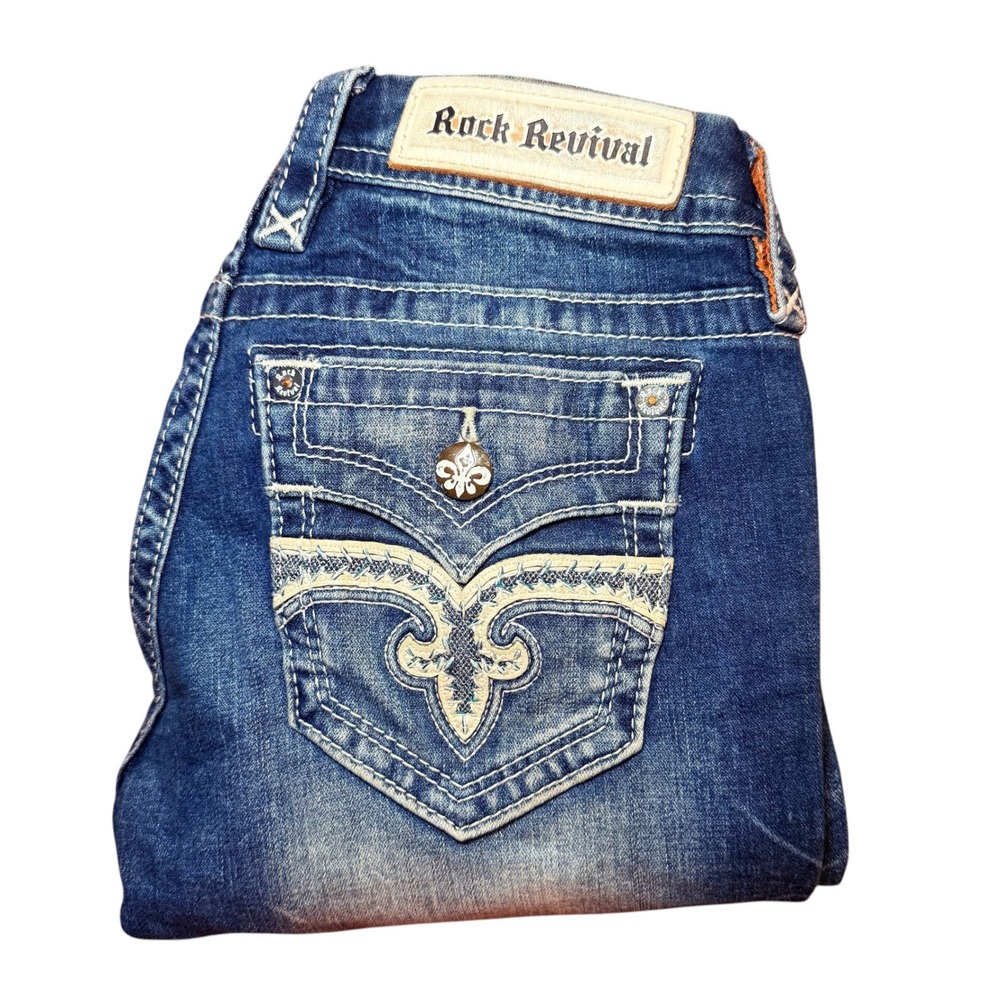 Rock Revival Arda Bootcut Jeans Blue Distressed Womens Size 27 Stretch